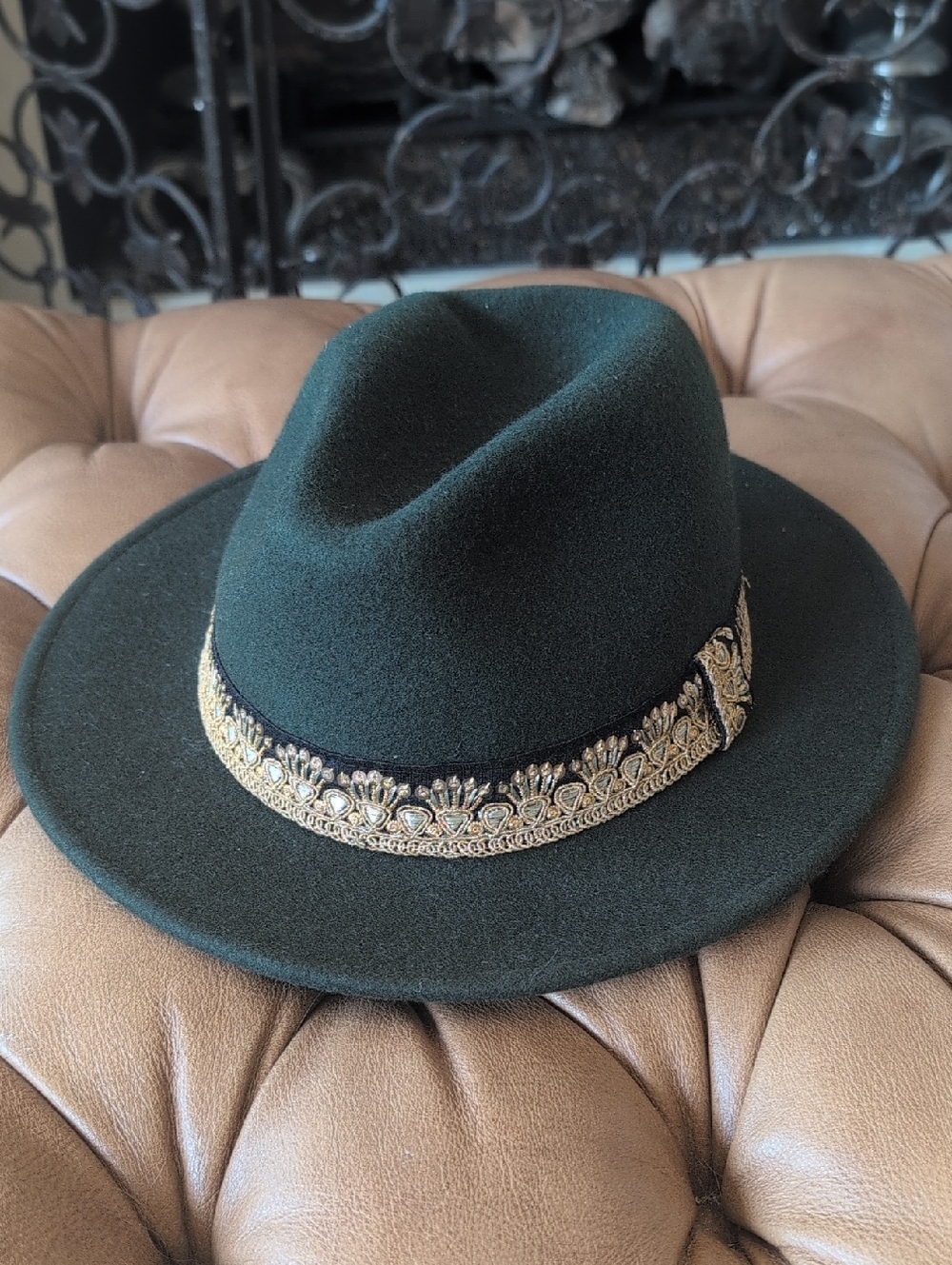 Anthropologie X Maradji Green Wool Fedora with Gold Embellished Band
